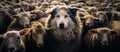 Wolf in a flock of sheep with wool clothing. Wolf pretending to be a sheep concept Royalty Free Stock Photo