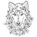 Wolf And Flowers Line Art. Black Outline Animal Portrait. Vector Stock Illustration.