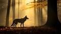 Wolf in a foggy forest at sunrise