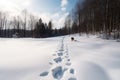 wolf following its tracks through thick snow, with view of forest in the background