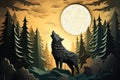 wolf in forest landscape at full moon paper art AI generated Royalty Free Stock Photo