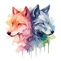 Wolf and fox watercolor heads. Forest wild animals print. Decorative artwork, friendship and loyalty metaphor. Animal