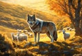 Wolf in front of a flock of sheep in a sunny autumn highland pasture near forest Royalty Free Stock Photo