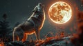 Wolf in front of full moon background Alpha on the mountain top in moon light AI generated Royalty Free Stock Photo