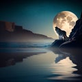 Wolf in the full moon on the shore of the lake illustration. AI generated