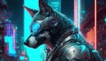 a wolf in a futuristic city with a gas mask on