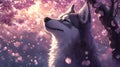 Wolf Gazing Upwards Amidst Falling Cherry Blossoms Royalty Free Stock Photo