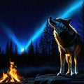 a wolf with a glowing in the dark with a fire and ice background and a black background with a blue light coming from its