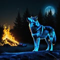 a wolf with a glowing in the dark with a fire and ice background and a black background with a blue light coming from its