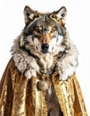 Wolf in Golden Cloak on a White Background Looking Straight at Camera in Studio Royalty Free Stock Photo