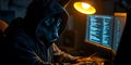 Wolf Hacker Coding on Computer Screen in Dark Room at Night