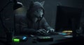 Wolf Hacker Typing on Computer Keyboard in Dark Room at Night