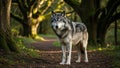The wolf has a thick gray coat with darker markings along its back and a Royalty Free Stock Photo