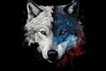 Wolf Head Portrait: Half White with Blue Eyes, Half Black with Red Eyes. AI