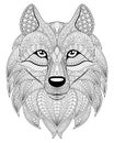 Wolf head in zentangle style. Adult antistress coloring page
