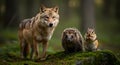 Wolf and Hedgehogs in a Serene Forest Environment Highlighting Wildlife Coexistence Royalty Free Stock Photo
