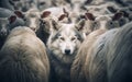 A wolf hiding amongst a flock of sheep Royalty Free Stock Photo