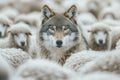 Wolf hiding and camouflaging among a flock of sheep Royalty Free Stock Photo