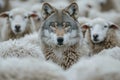 Wolf hiding among sheep, blending in with the flock and camouflaging itself to deceive and hunt Royalty Free Stock Photo