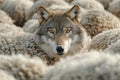 Wolf hiding among sheep, blending in with the flock and camouflaging itself to deceive and hunt Royalty Free Stock Photo