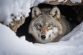 wolf hiding in snowy cave, with only its eyes peeking out