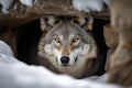 wolf hiding in snowy cave, with only its eyes peeking out