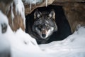 wolf hiding in snowy cave, with only its eyes peeking out