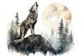 wolf howl to full moon watercolor AI generated Royalty Free Stock Photo