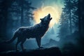 a wolf howling in the forest, full moon night, generative AI Royalty Free Stock Photo