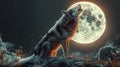 Wolf howling in front of full moon background Alpha on the mountain top in moon light AI generated Royalty Free Stock Photo