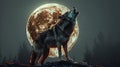 Wolf howling in front of full moon background on the mountain top in midnight AI generated Royalty Free Stock Photo