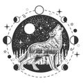 Wolf howling at full moon in night boho wild animal