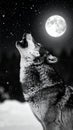 Wolf Howling at Full Moon in Snowy Night Forest Royalty Free Stock Photo