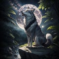 Wolf howling on full moon and stars. Generative AI