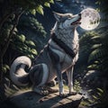 Wolf howling on full moon and stars. Generative AI