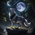 Wolf howling on full moon and stars. Generative AI