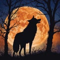 Wolf Howling at a Halloween Moon in a forest with scraggly trees Royalty Free Stock Photo