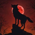 Wolf Howling at a Halloween Moon on a Rock in a forest with scraggly trees Royalty Free Stock Photo