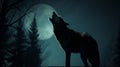 Wolf howling at the moon inside the deep dark mountain forest. The moon is shining on the sky Royalty Free Stock Photo