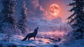 Wolf howling at the moon in a snowy wilderness at night Royalty Free Stock Photo