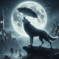 A wolf howling at the moon with an umbrella, photorealistic, c