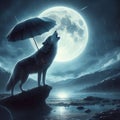A wolf howling at the moon with an umbrella, photorealistic, c
