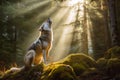 Wolf howling on a rock under a beam of light at sunrise. Amazing Wildlife. Generative Ai Royalty Free Stock Photo