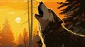 A wolf howling at the sunset in the woods, AI Royalty Free Stock Photo