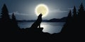 Wolf is howling to the full moon by the lake