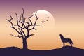 Wolf is howling to the full moon scarry landscape with bare tree