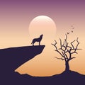 Wolf is howling to the full moon scarry landscape with bare tree