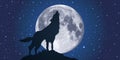 A wolf howling at night, in the moonlight