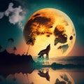 Wolf howls at a full moon on a beach with palm trees illustration. AI generated Royalty Free Stock Photo