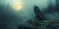 wolf howls at full moon on top of mountain in forest in fog at night Royalty Free Stock Photo